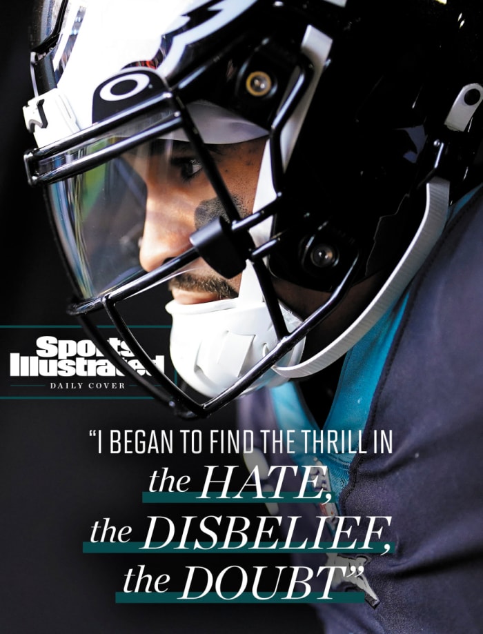 Jalen Hurts looks out before pre-game introductions